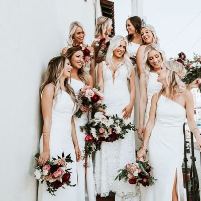 Elegant sheath one shoulder slit white satin bridesmaid dress under 100 - Thumbnail 2