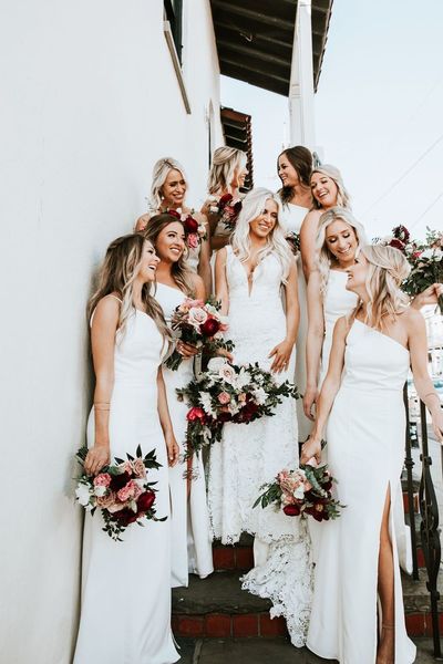 Elegant Sheath One Shoulder Slit White Satin Bridesmaid Dress Under 100