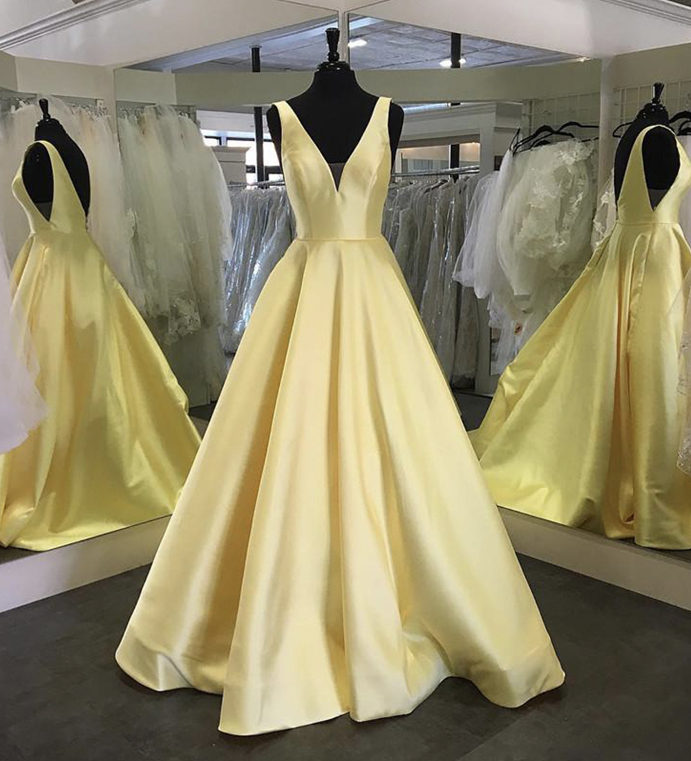 Yellow v neck satin long prom dress yellow evening dress