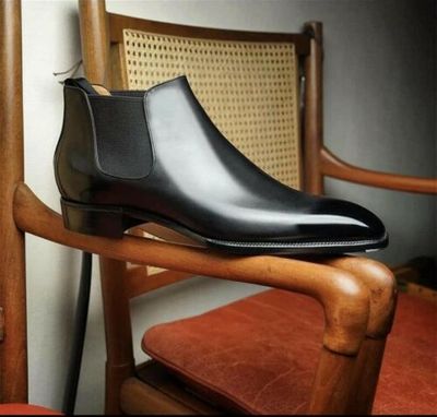 New Handmade Black Plain Leather Chelsea Boot, Men Dress Formal Boot