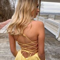 Cute A Line V Neck Spaghetti Straps Daffodil Satin Prom Dresses with Pockets - Thumbnail 1
