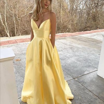 Cute a line v neck spaghetti straps daffodil satin prom dresses with pockets - Thumbnail 4