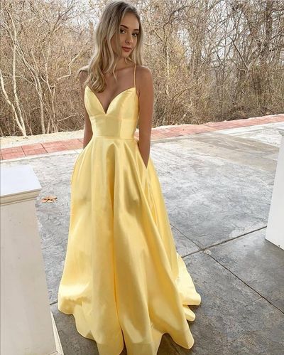 Cute A Line V Neck Spaghetti Straps Daffodil Satin Prom Dresses with Pockets