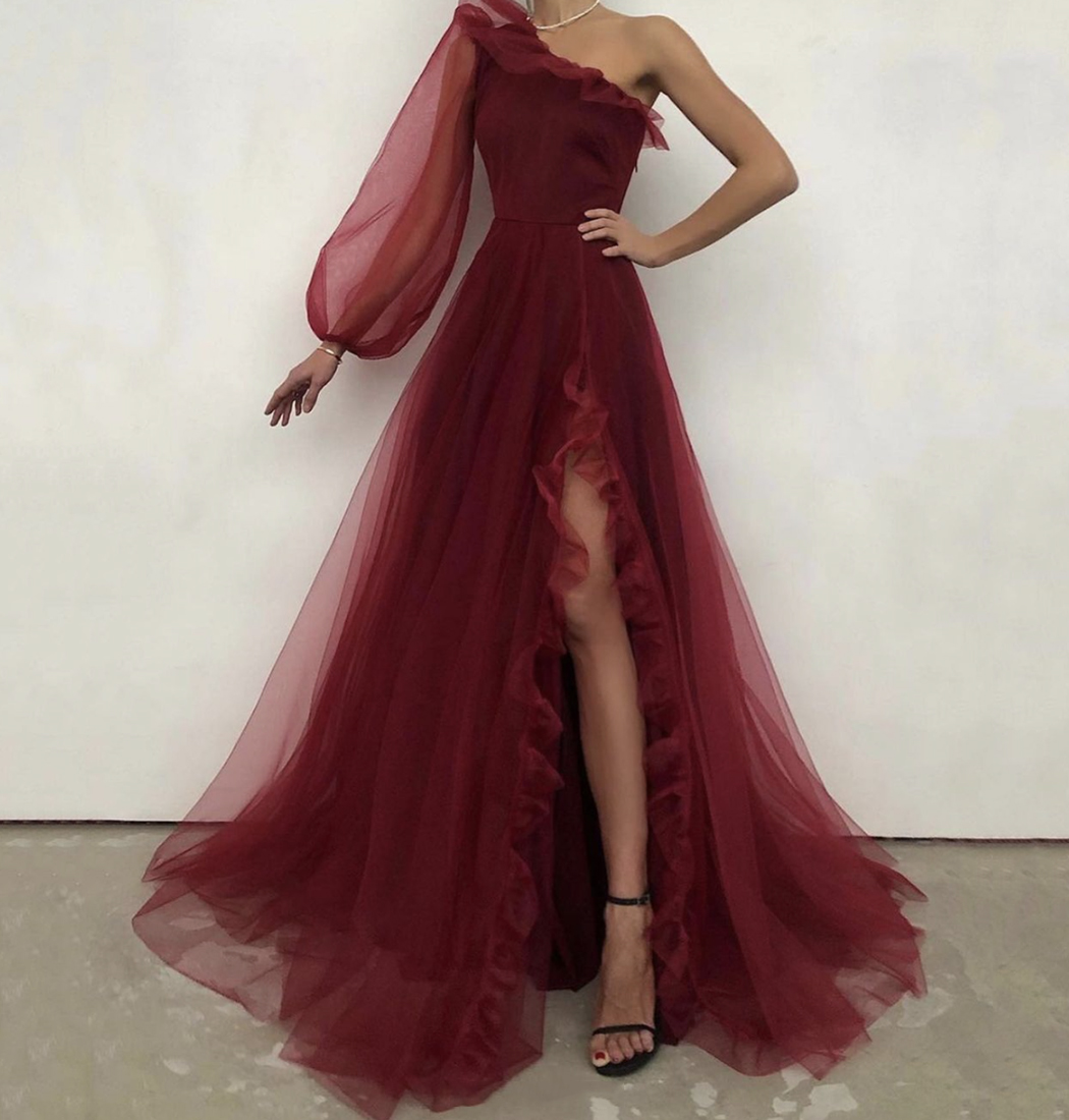 Burgundy one shoulder prom dress evening dress