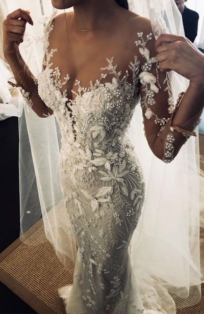 Illusion Mermaid Bridal Gown Wedding Dress with Sleevevs