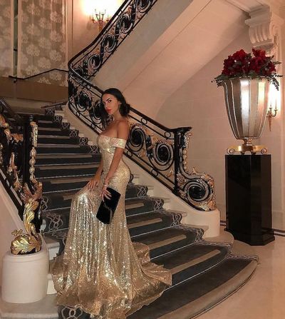 SP1410,Luxury Gold Sequin Mermaid Off The Shoulder Prom Dresses Evening Dress Long Dress