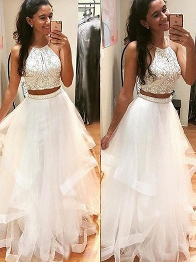SP1417,Two Pieces Beaded White Ruffles Halter A-Line Prom Dress Evening Gown