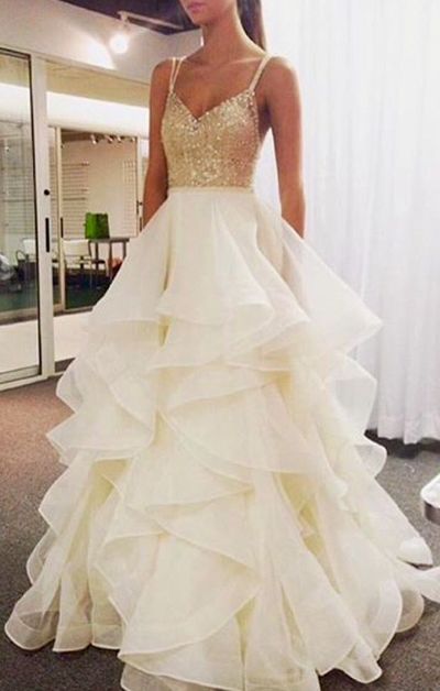 SP1418,Princess Ivory Beading Layered A-Line Spaghetti Straps Prom Dress Long Evening Party Gown