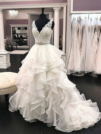 SP1419,Romantic Wedding Dresses,Applique Beaded Ruffles Bridal Dresses,V-Neck Applique Organza Wedding Gown
