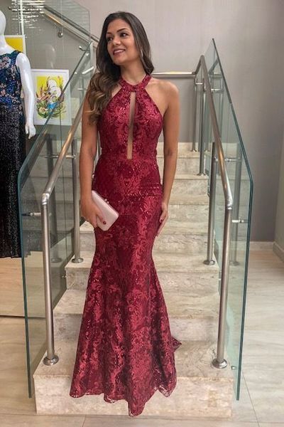 SP1428,Vestido Wine Lace Halter Mermaid Full Length Prom Dresses