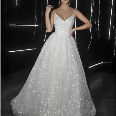 Sparkly charming v neck straps sequins white wedding dresses,glitter white prom dresses - Thumbnail 1