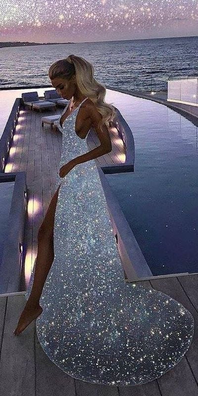 SP1432,Sexy V-Neck Custom Made Silver Sequin Long Prom Evening Dresses