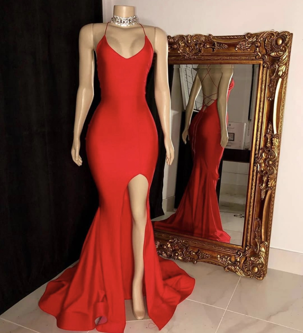 Red satin long prom dress mermaid evening dress