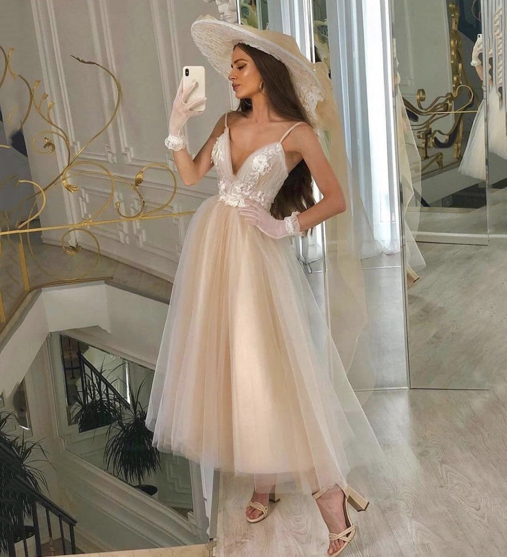 Champagne v neck tulle short prom dress evening dress