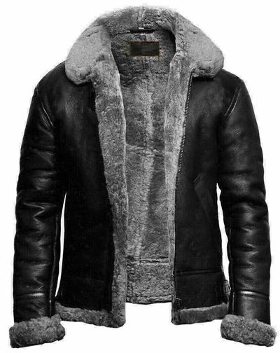 Men's RAF Aviator B3 Flying Genuine Bomber Sheep Skin Leather Jacket Black Grey