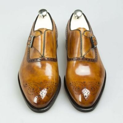Handmade Leather Men Monk Style Brown Stylish Shoes, Men formal Buckle Shoes