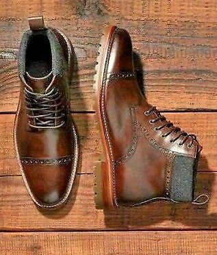 Handmade Men's Brown Fashion Brogue Ankle High Leather Lace Up Wingtip Men Boots