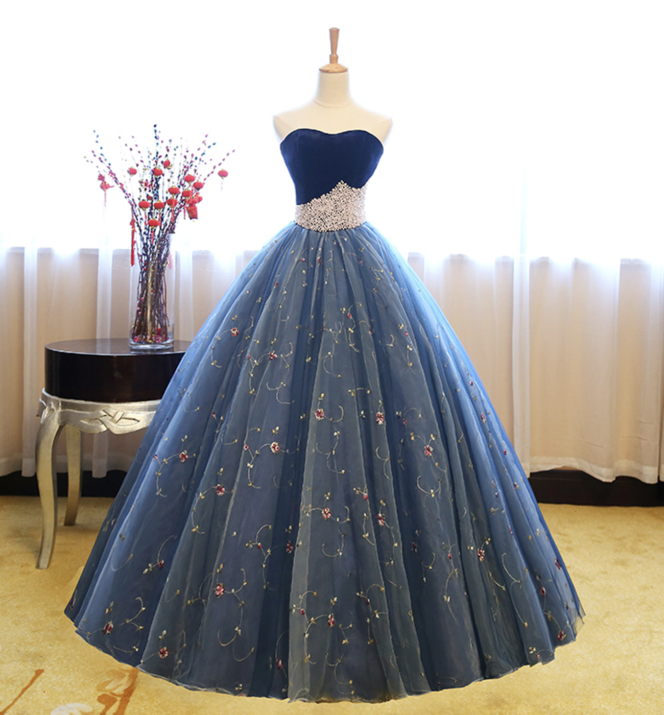 Blue tulle lace long ball gown dress blue evening dress