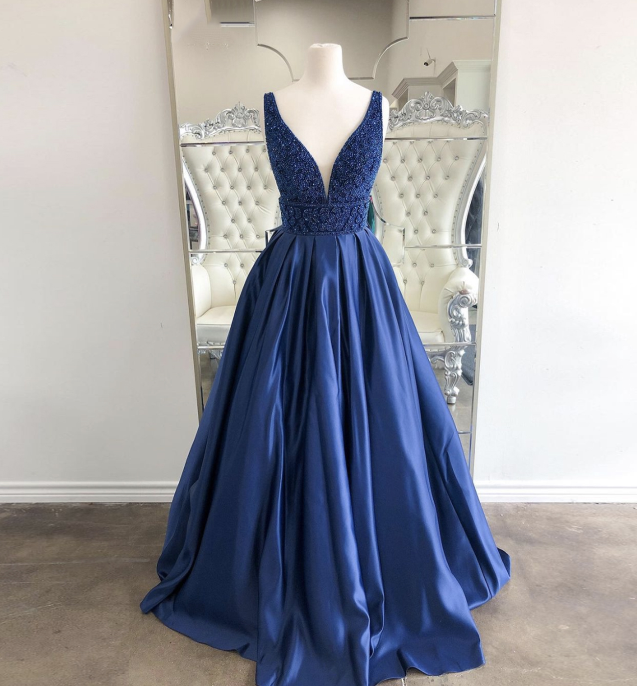 Blue satin long prom dress with beads evening dress