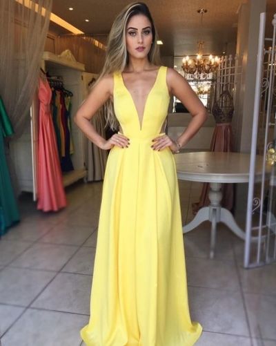 Elegant Sheath V Neck Open Back Daffodil Satin Prom Dresses with Pockets, Evening Party Dresses
