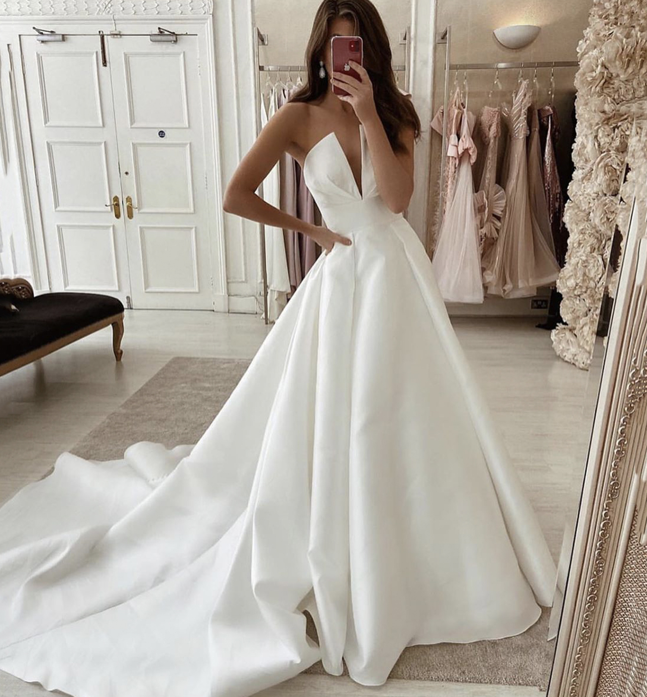 White satin long prom dress simple evening dress