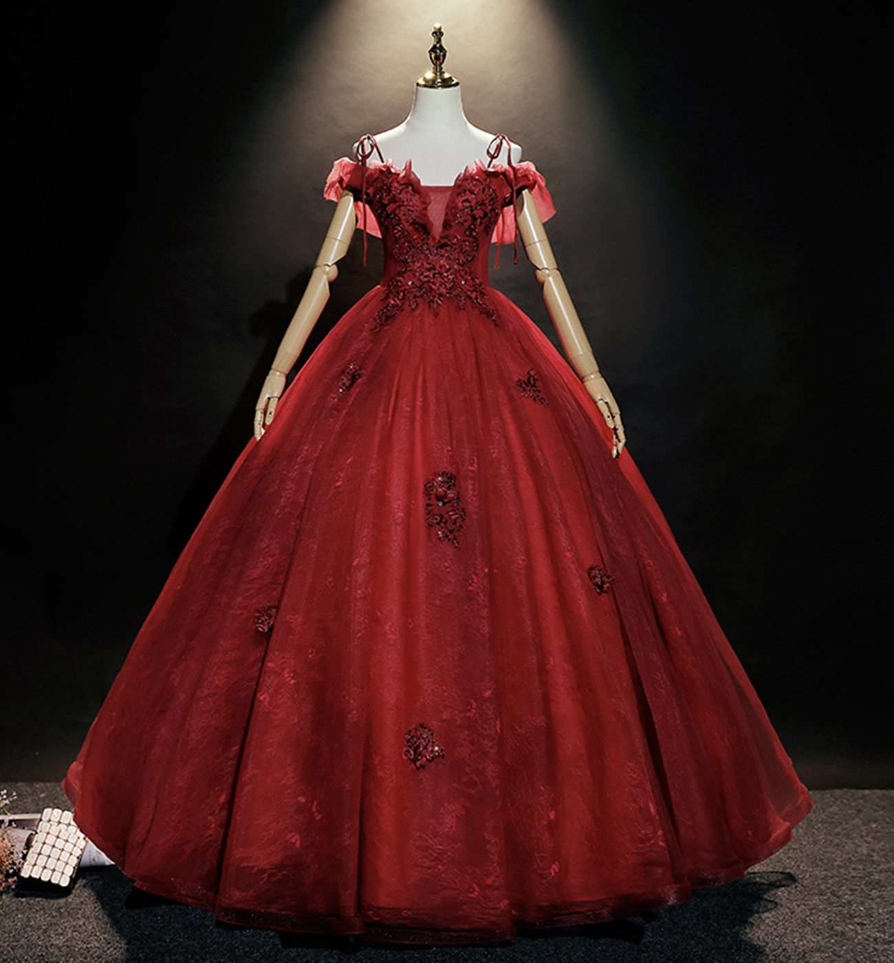 Burgundy lace long ball gown dress formal dress