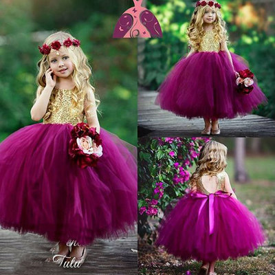 Grape Flower Girl Dresses with Gold Top