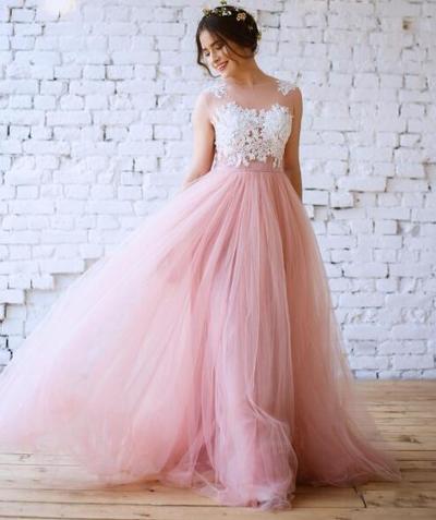 New Blush Pink Bohemian Wedding Dresses Illusion Neck White Lace Appliqued Long Tulle Beach Bridal Gowns,775