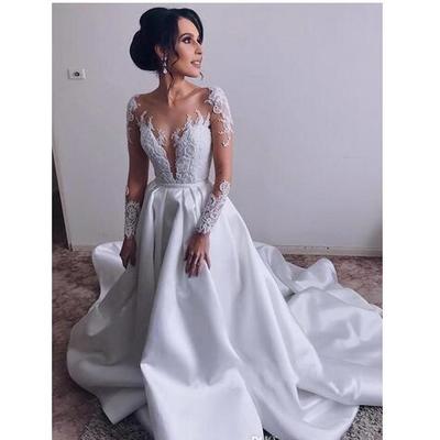 Elegant Long Sleeve Wedding Dresses 2019 Lace Bridal Gowns On Sale Sheer Neck Straps Mopping Long Section Fresh Wedding Gowns,779