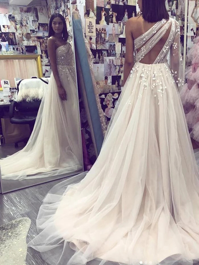 Princess A-Line One Shoulder Long Sleeve White Tulle Appliques Long Wedding Dresses,Unique Bridal Gown,785