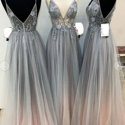 Charming a line v neck spaghetti straps grey & pink prom dresses with beading - Thumbnail 5