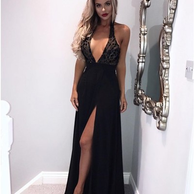 Charming a line v neck halter split black prom dresses with beading, evening dresses - Thumbnail 4