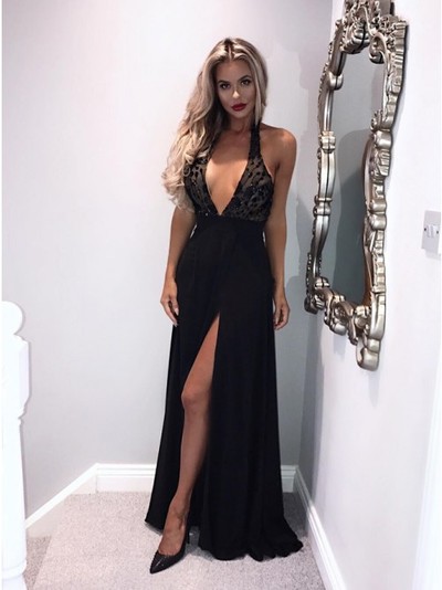 Charming A Line V Neck Halter Split Black Prom Dresses with Beading, Evening Dresses