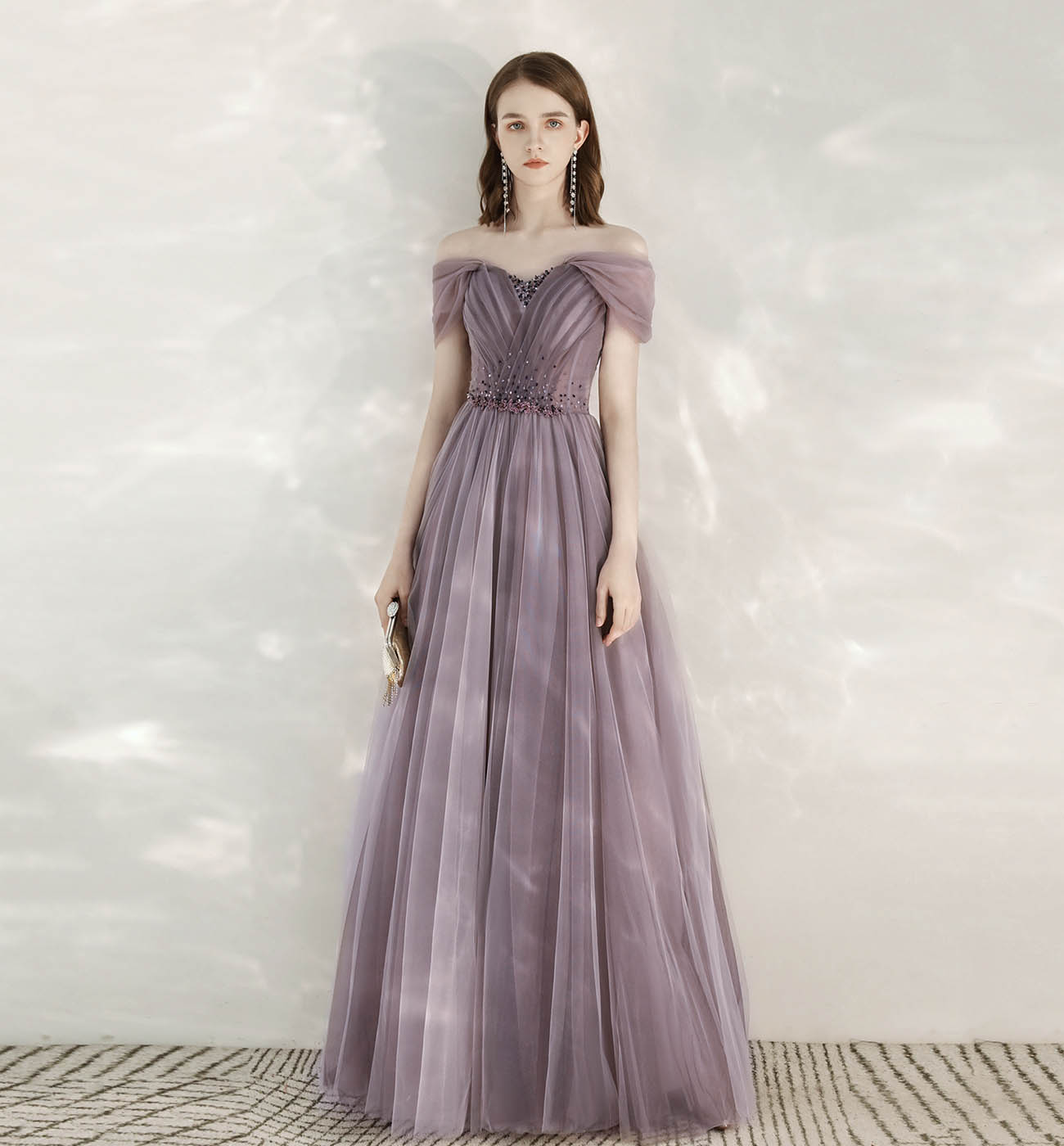 Purple tulle beads long prom dress evening dress