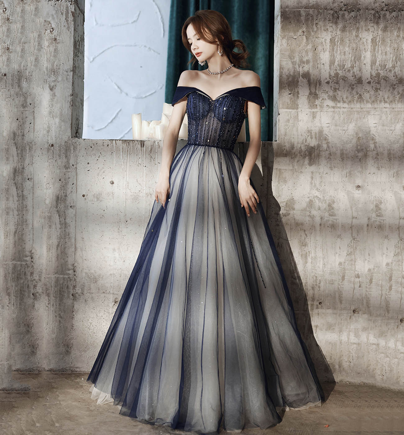 Blue tulle beads long prom dress blue evening dress