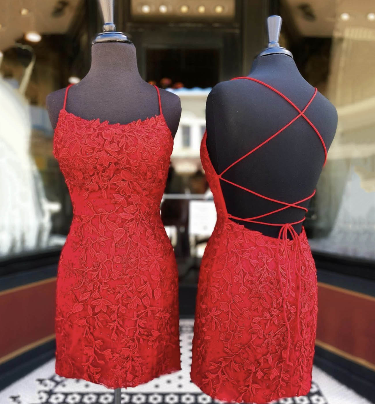 Red lace short dress lace evening dress