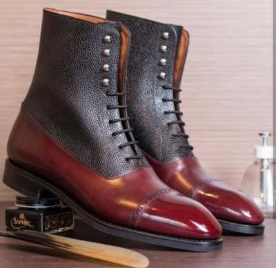 New Handmade Burgundy Calf & Genuine Dark Brown Cow Leather Ankle Boot for Men's