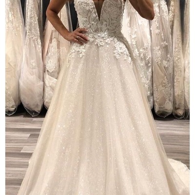 Sparkly a line v neck straps glitter tulle wedding dress with appliques - Thumbnail 2