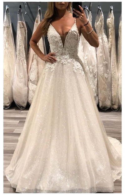 Sparkly A Line V Neck Straps Glitter Tulle Wedding Dress with Appliques