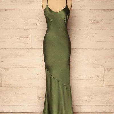 Spaghetti straps olive green sheath prom dresses  - Thumbnail 2