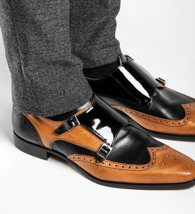 New Handmade Two Tone Patent Tan Black Double Buckle Monks WingTip Brogue Toe Leather Wedding Shoes