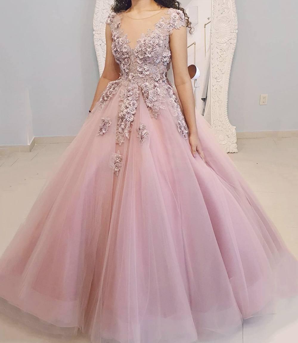 Pink tulle lace long ball gown dress formal dress
