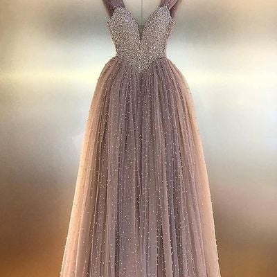 Cute a line v neck grey tulle beading prom dresses with pearls - Thumbnail 2