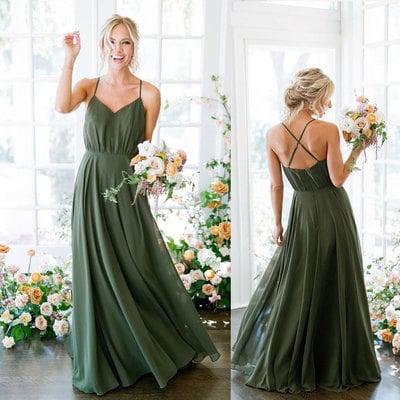 Spaghetti straps olive green bridesmaid dresses for wedding - Thumbnail 4