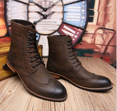 Handmade Men High Ankle Brogue Wing Tip Genuine Lace Up Leather Military Boot