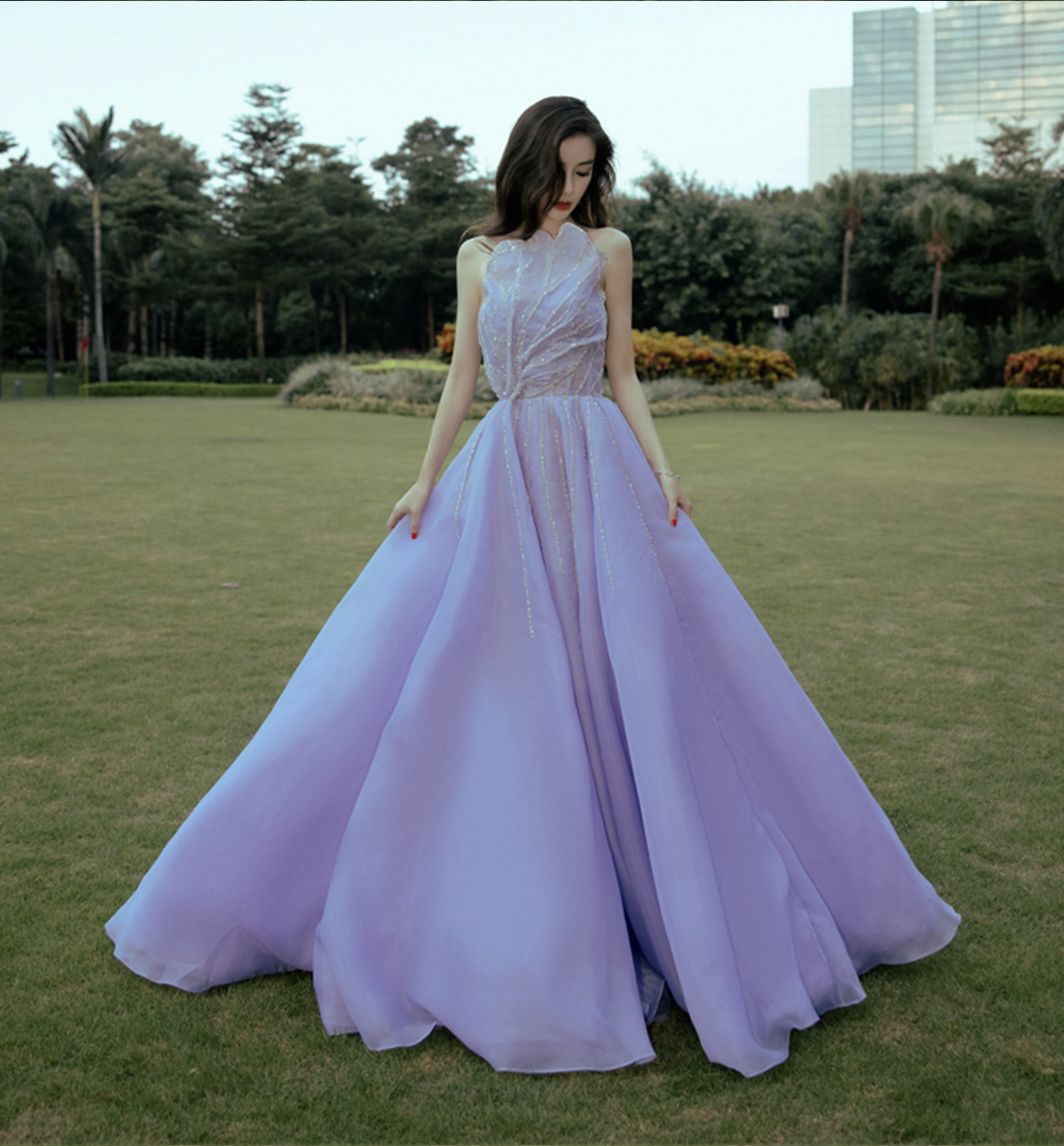 Unique tulle long lilac prom dress A line evening dress
