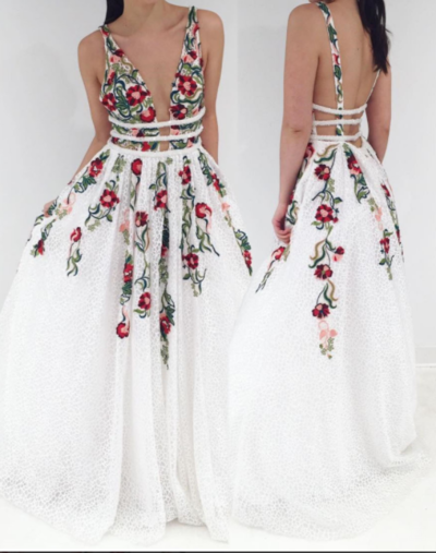 White Long Prom Dress Formal Dress with Floral,Backless Bridal Gowns,Floral Wedding Dresses,793