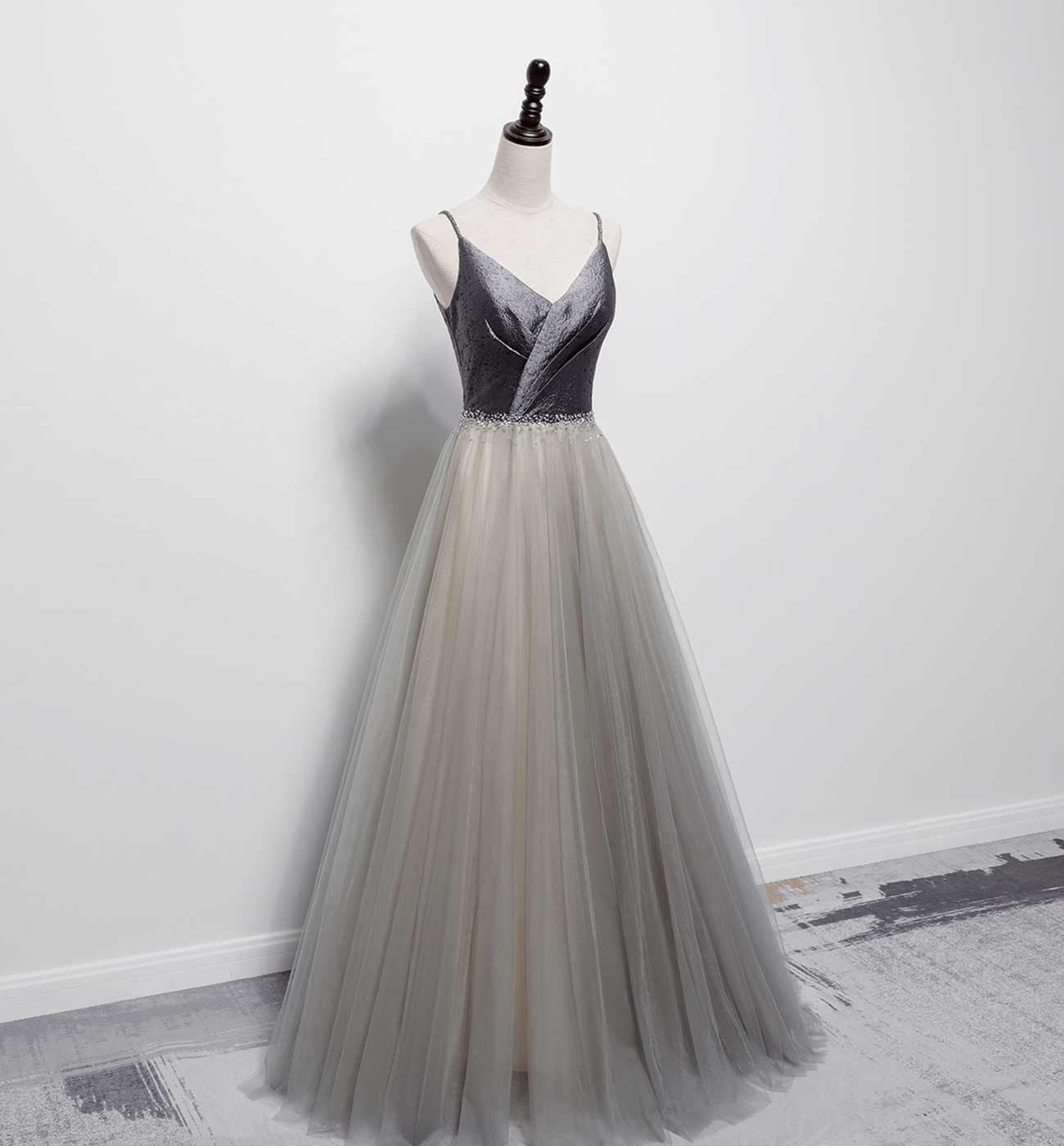 Grey v neck tulle long prom dress evening dress