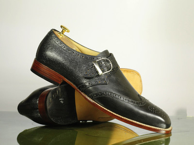 Handmade Men's Black Wing Tip Monk Shoes, Men's Leather Dress Shoes