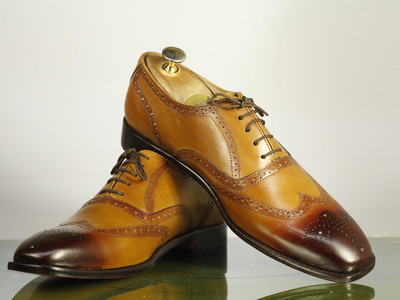 Handmade Men's Tan Wing Tip Brogues Shoes, Men's Leather Dress Shoes